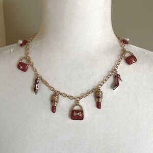 HANDCRAFTED GIRLY CHARM STATEMENT NECKLACE Gold Red White Chain Coquette Playful